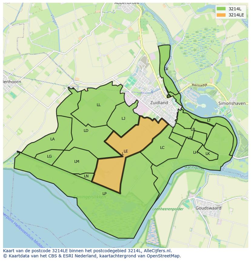 Afbeelding van het postcodegebied 3214 LE op de kaart.