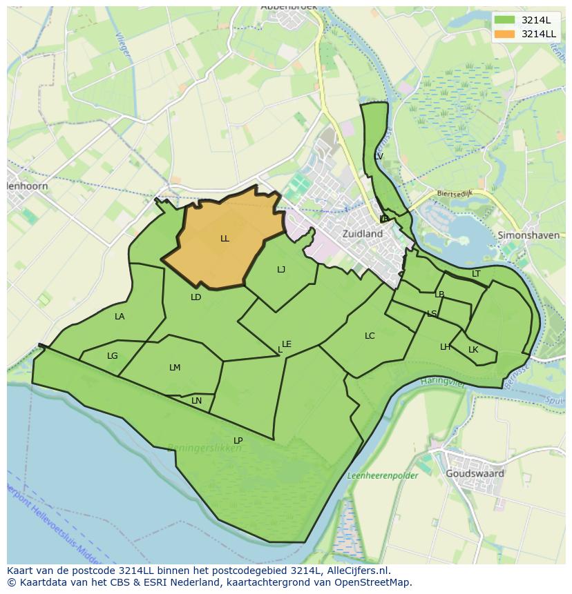 Afbeelding van het postcodegebied 3214 LL op de kaart.