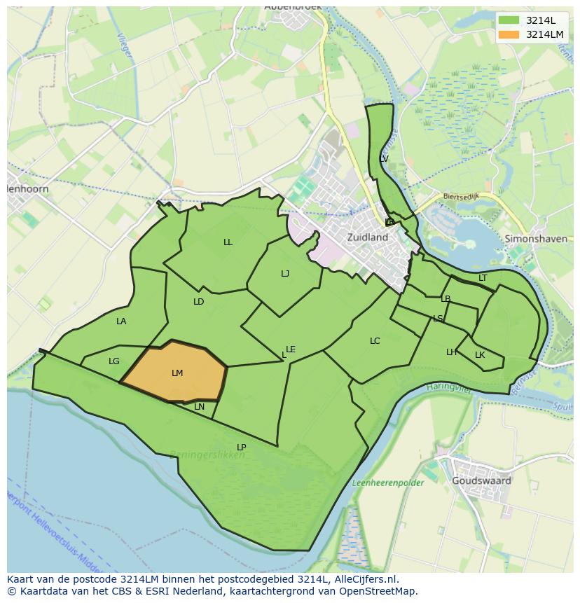 Afbeelding van het postcodegebied 3214 LM op de kaart.