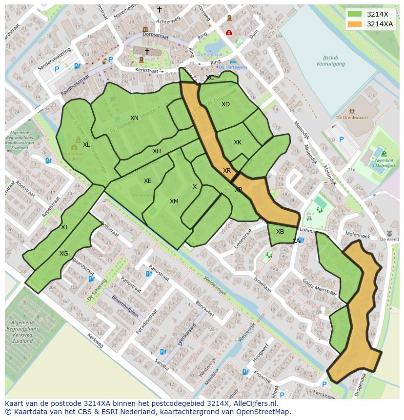 Afbeelding van het postcodegebied 3214 XA op de kaart.