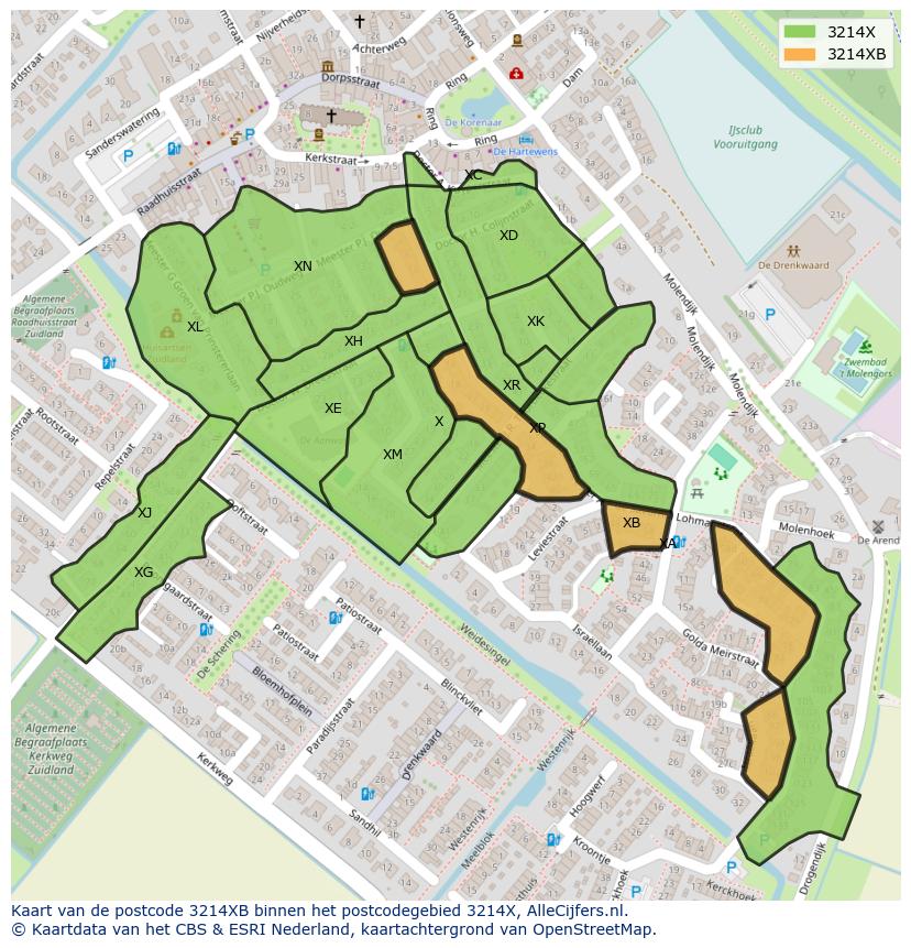 Afbeelding van het postcodegebied 3214 XB op de kaart.