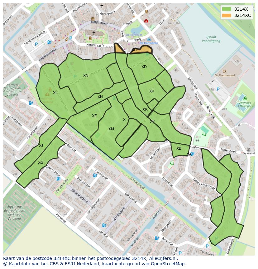 Afbeelding van het postcodegebied 3214 XC op de kaart.