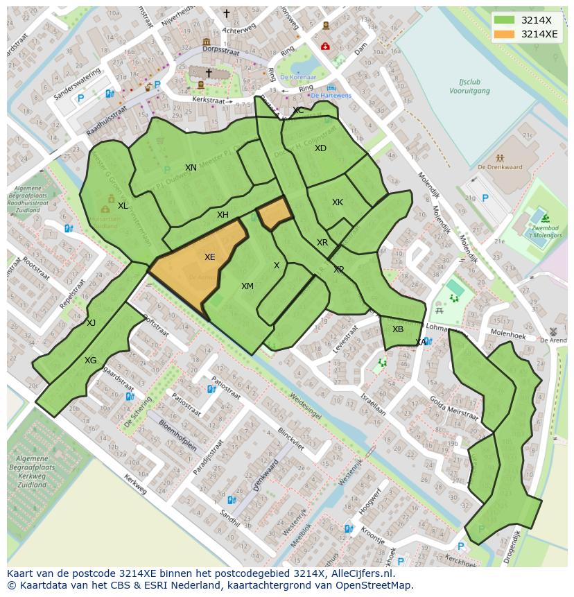 Afbeelding van het postcodegebied 3214 XE op de kaart.