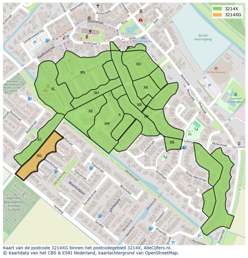 Afbeelding van het postcodegebied 3214 XG op de kaart.