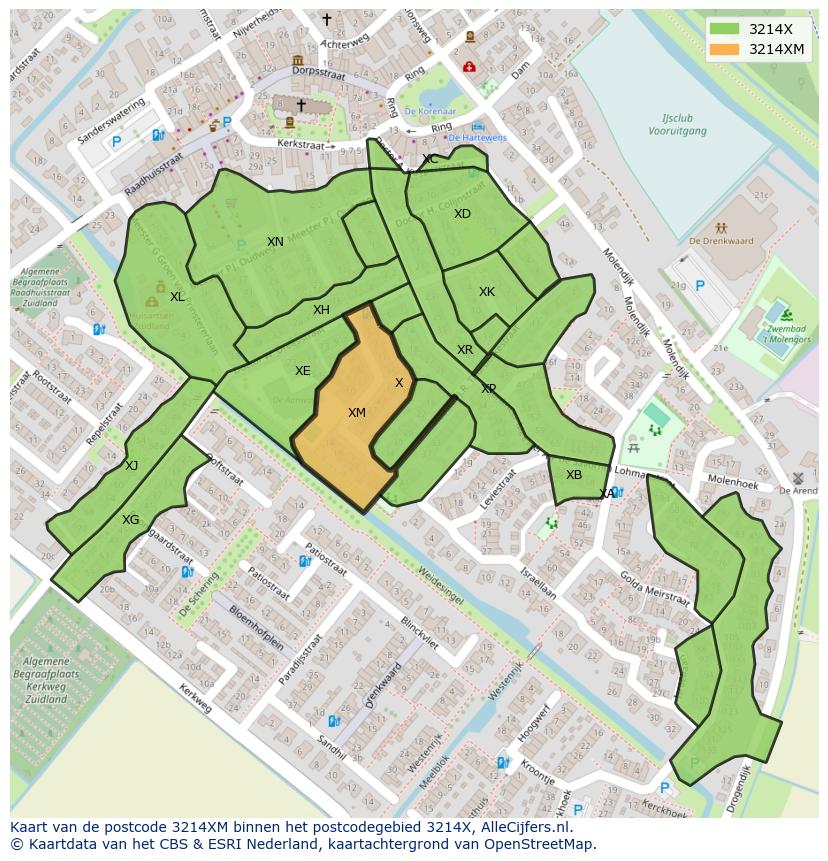 Afbeelding van het postcodegebied 3214 XM op de kaart.