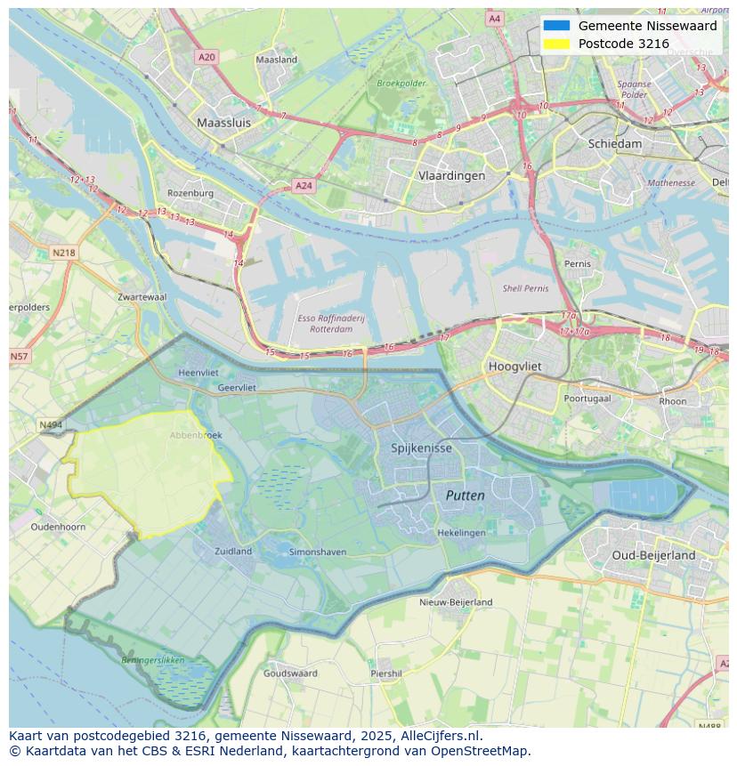 Afbeelding van het postcodegebied 3216 op de kaart.