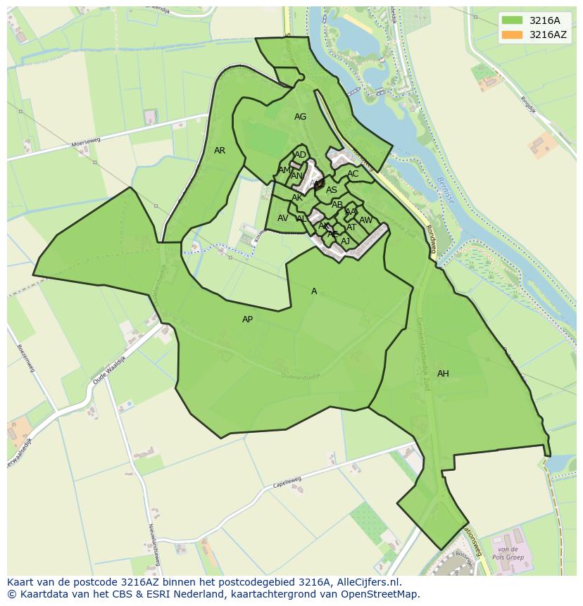 Afbeelding van het postcodegebied 3216 AZ op de kaart.
