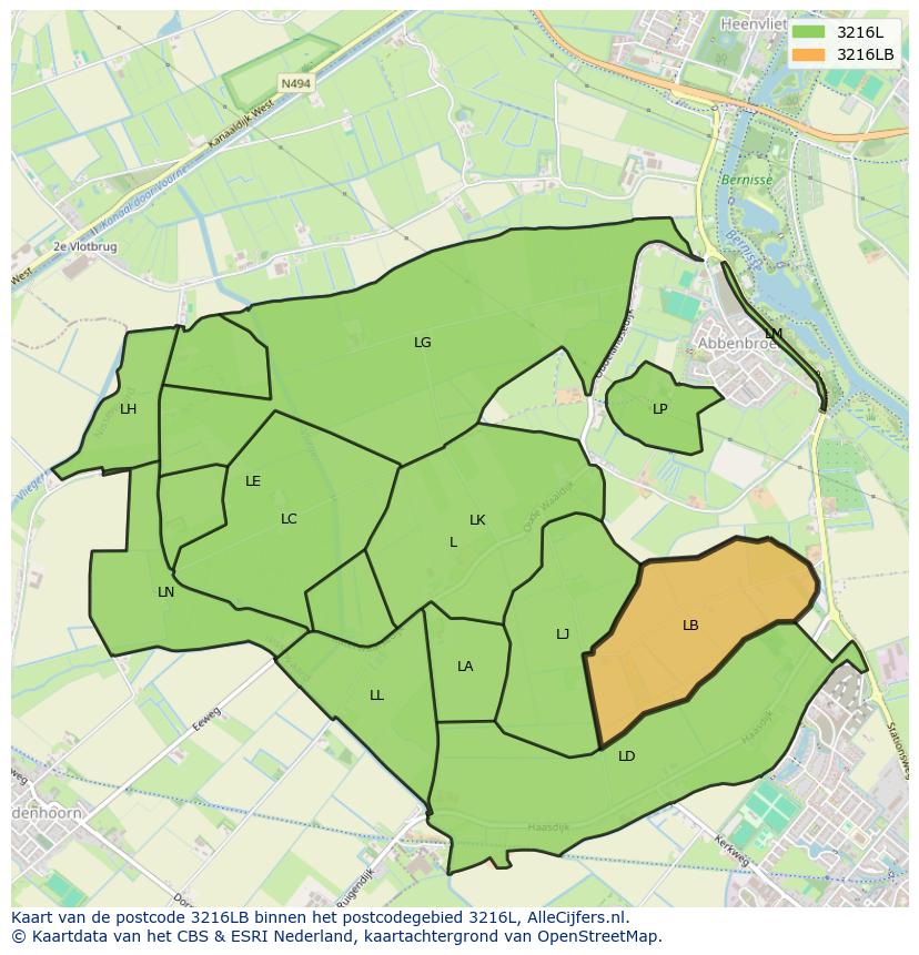 Afbeelding van het postcodegebied 3216 LB op de kaart.