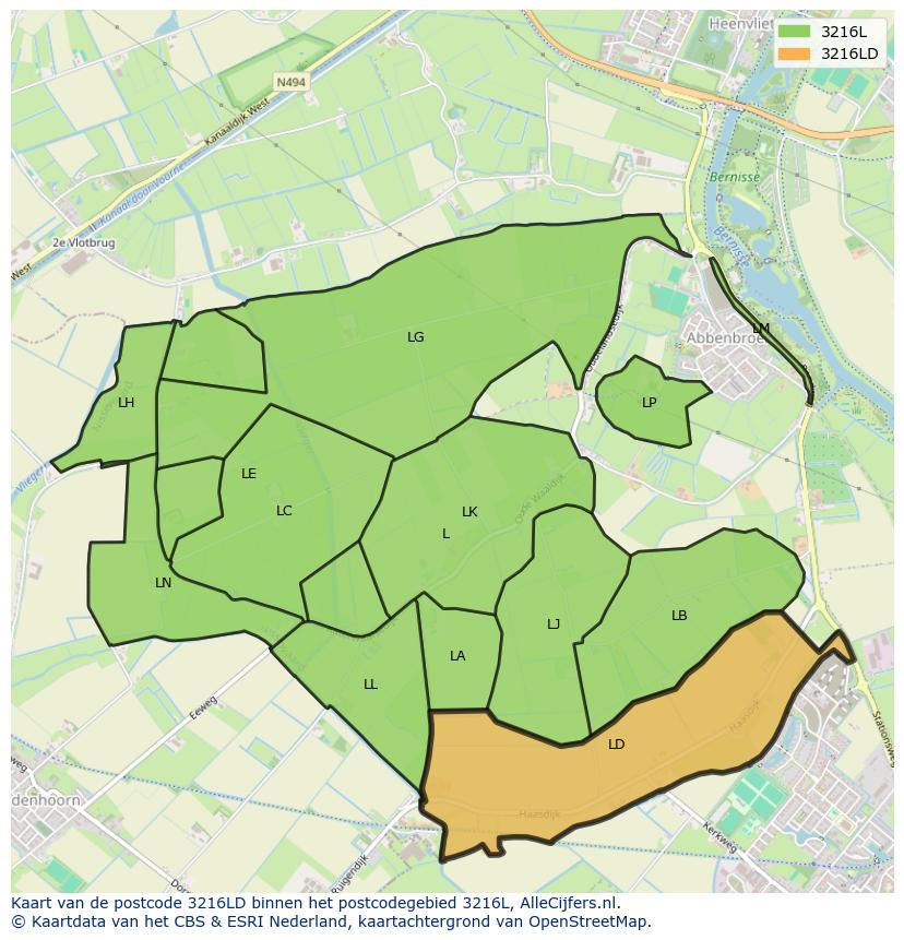 Afbeelding van het postcodegebied 3216 LD op de kaart.