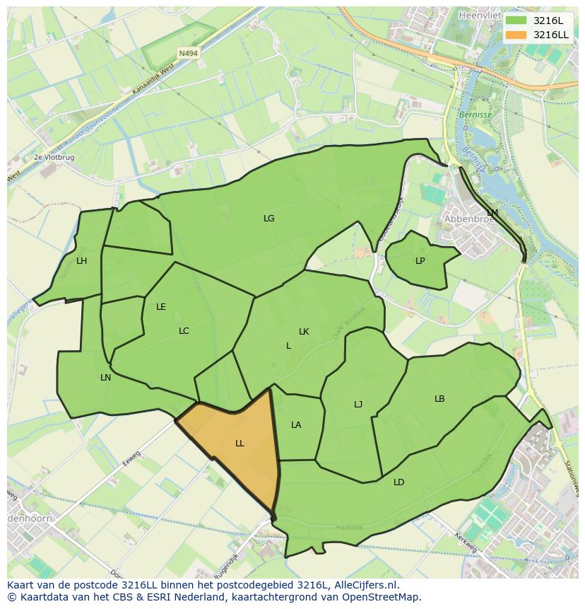 Afbeelding van het postcodegebied 3216 LL op de kaart.