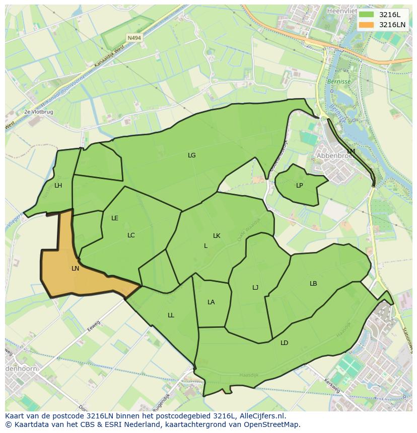 Afbeelding van het postcodegebied 3216 LN op de kaart.
