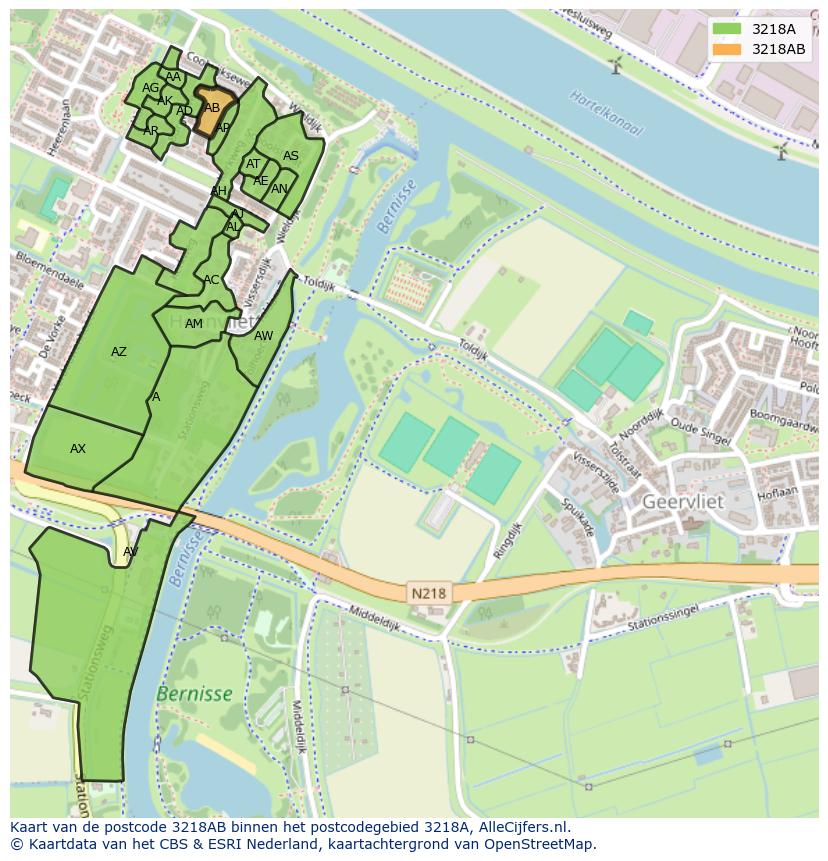 Afbeelding van het postcodegebied 3218 AB op de kaart.