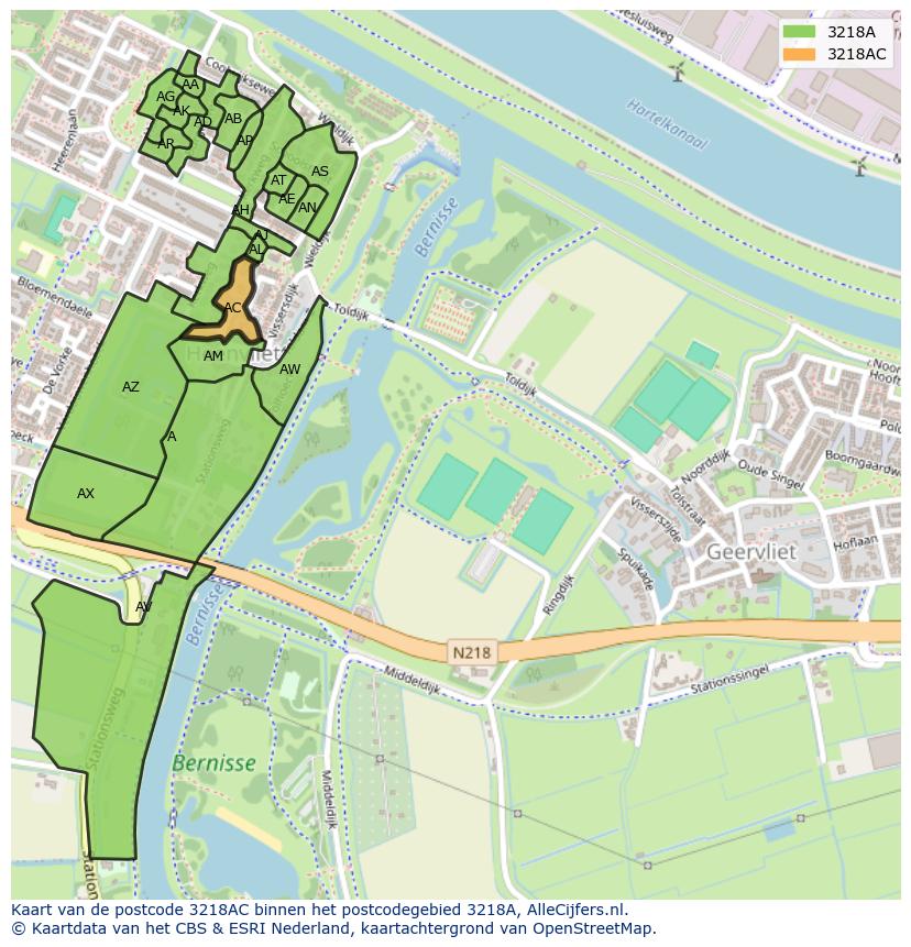 Afbeelding van het postcodegebied 3218 AC op de kaart.