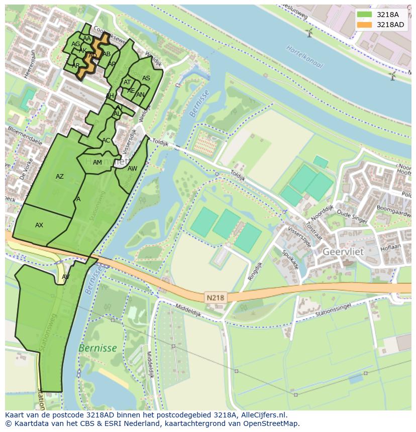 Afbeelding van het postcodegebied 3218 AD op de kaart.