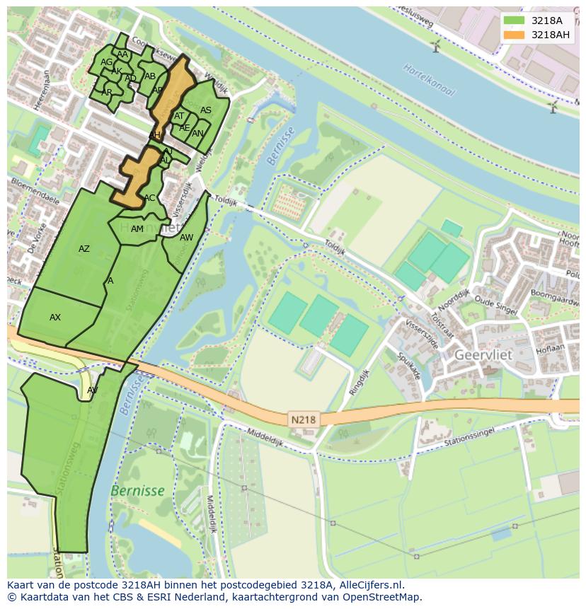 Afbeelding van het postcodegebied 3218 AH op de kaart.