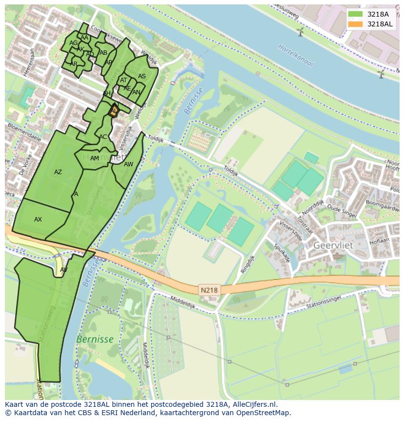 Afbeelding van het postcodegebied 3218 AL op de kaart.