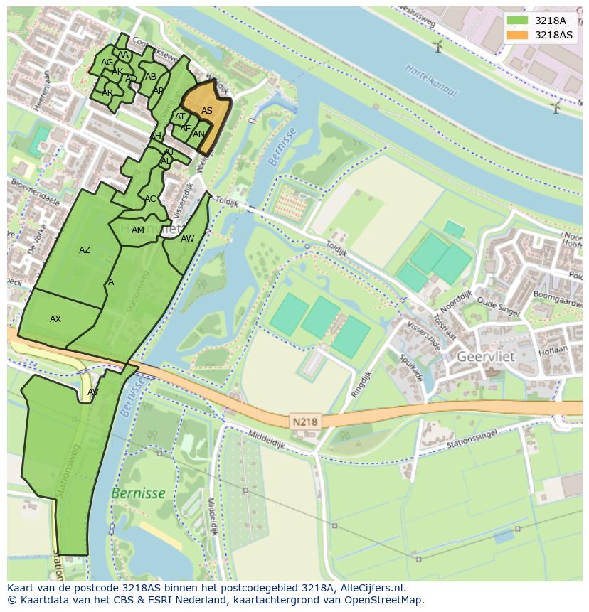 Afbeelding van het postcodegebied 3218 AS op de kaart.
