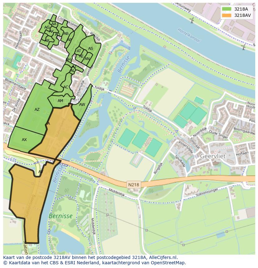 Afbeelding van het postcodegebied 3218 AV op de kaart.