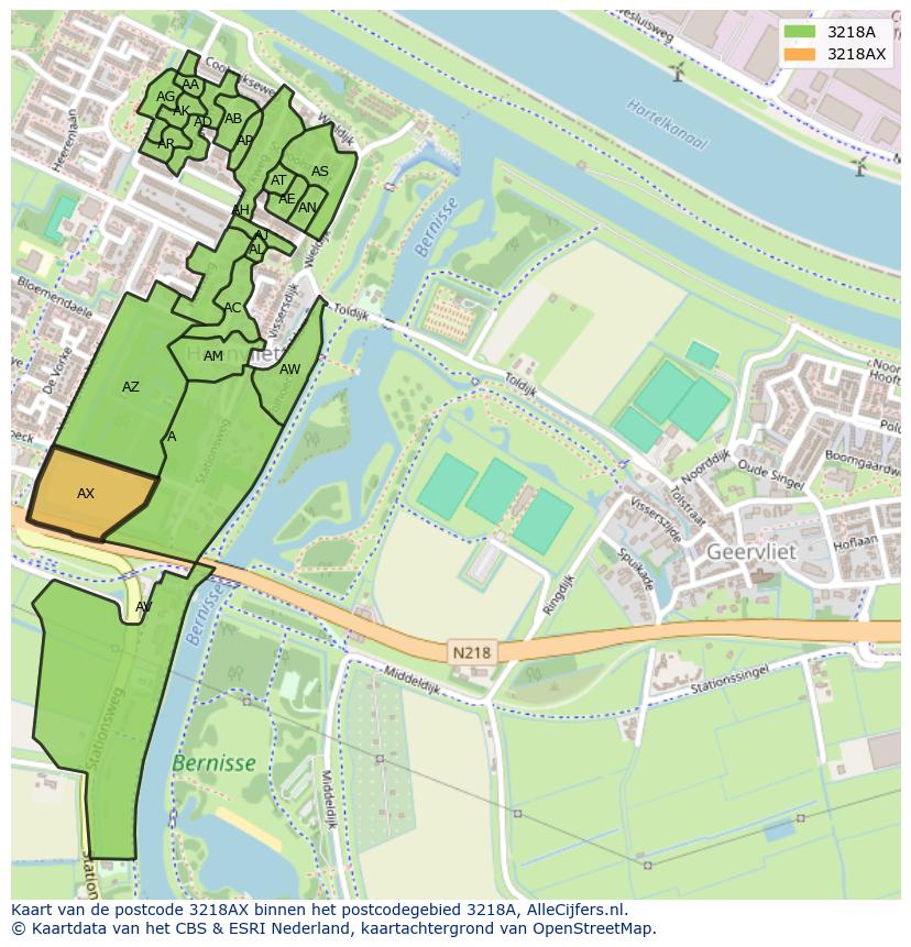 Afbeelding van het postcodegebied 3218 AX op de kaart.