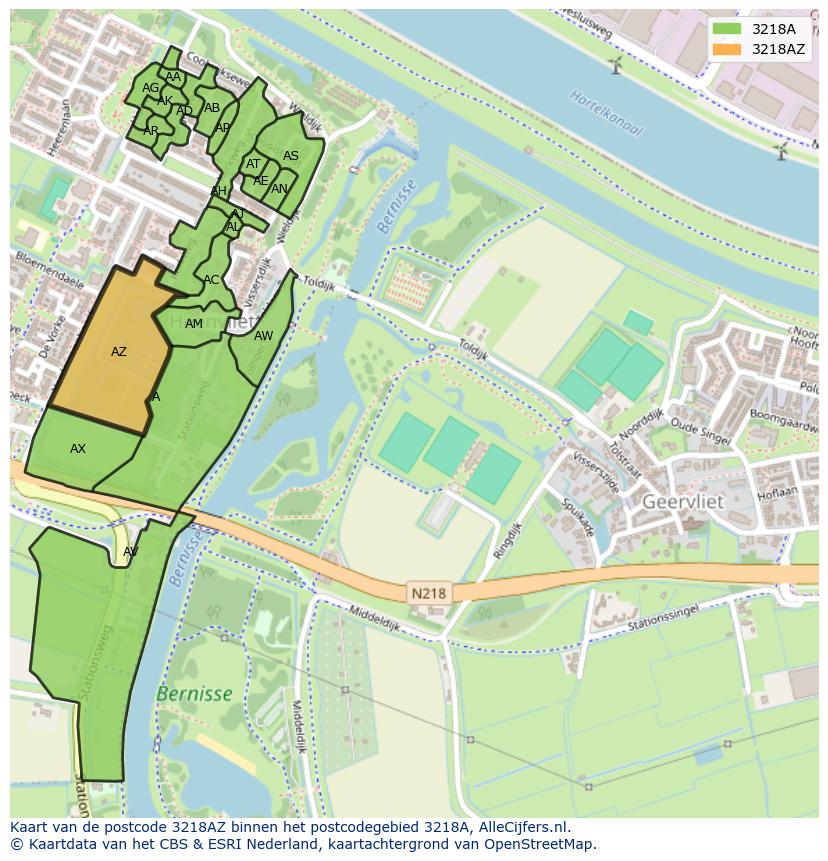 Afbeelding van het postcodegebied 3218 AZ op de kaart.