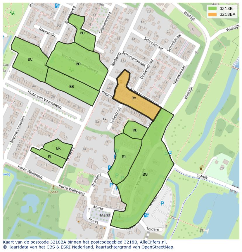 Afbeelding van het postcodegebied 3218 BA op de kaart.