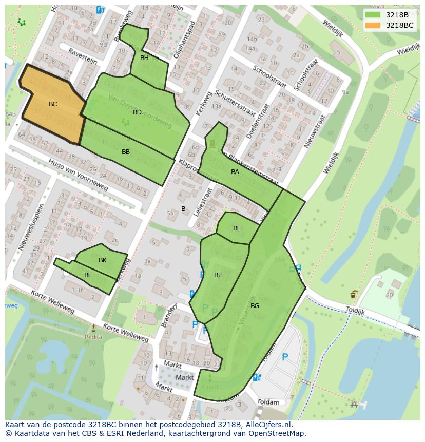 Afbeelding van het postcodegebied 3218 BC op de kaart.