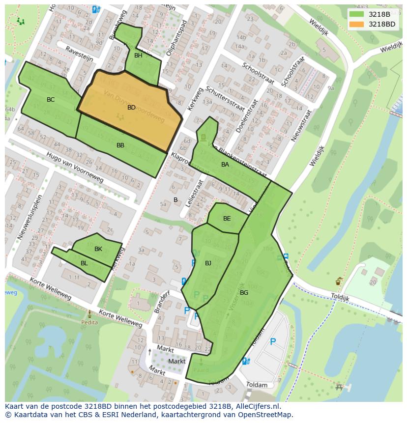 Afbeelding van het postcodegebied 3218 BD op de kaart.
