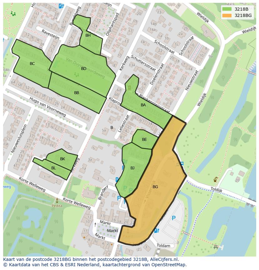 Afbeelding van het postcodegebied 3218 BG op de kaart.
