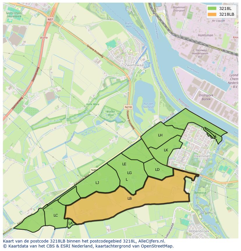 Afbeelding van het postcodegebied 3218 LB op de kaart.