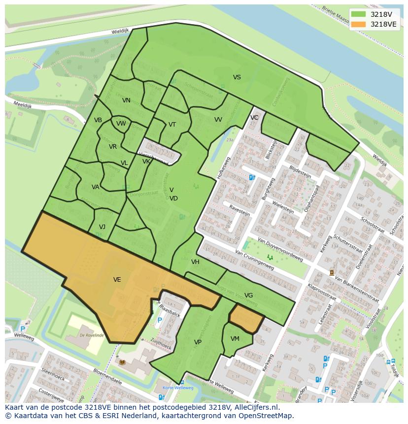 Afbeelding van het postcodegebied 3218 VE op de kaart.