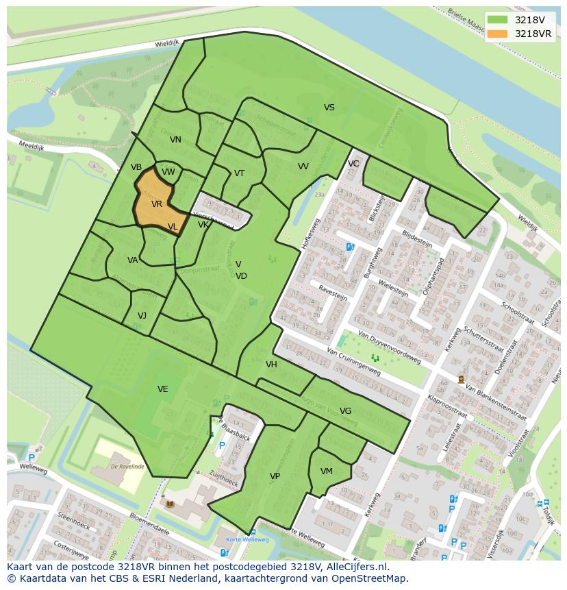 Afbeelding van het postcodegebied 3218 VR op de kaart.