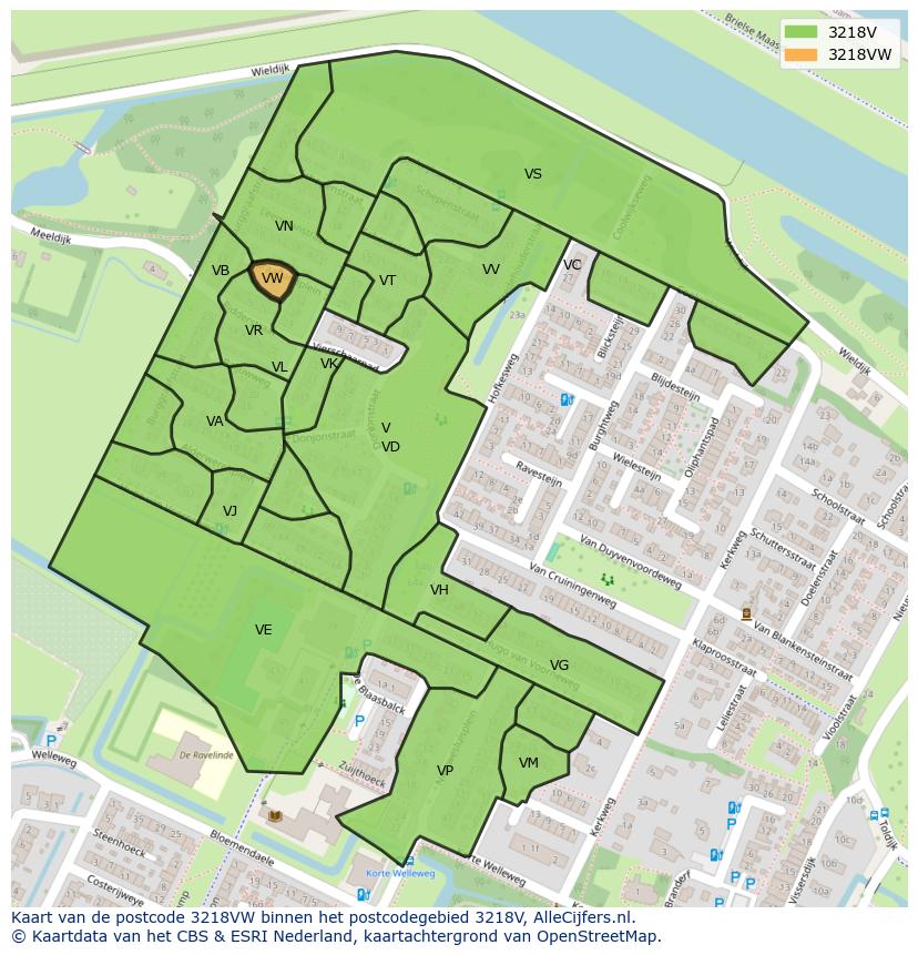 Afbeelding van het postcodegebied 3218 VW op de kaart.