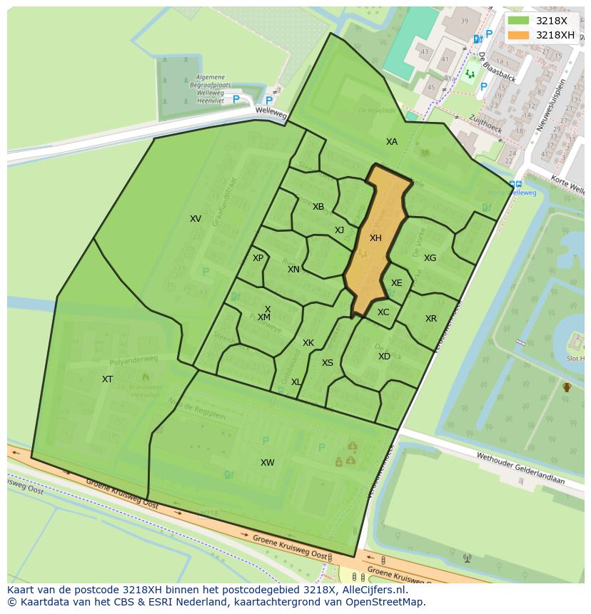 Afbeelding van het postcodegebied 3218 XH op de kaart.