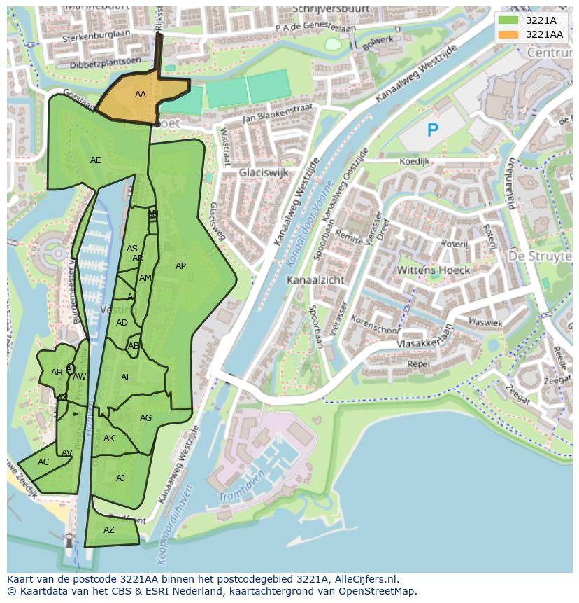 Afbeelding van het postcodegebied 3221 AA op de kaart.