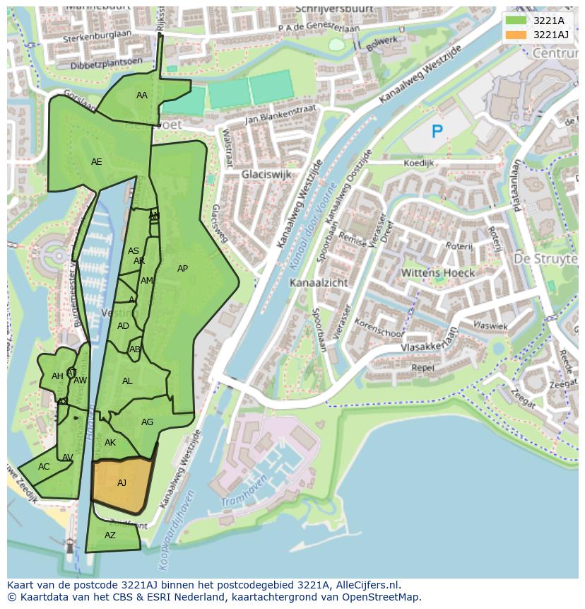 Afbeelding van het postcodegebied 3221 AJ op de kaart.