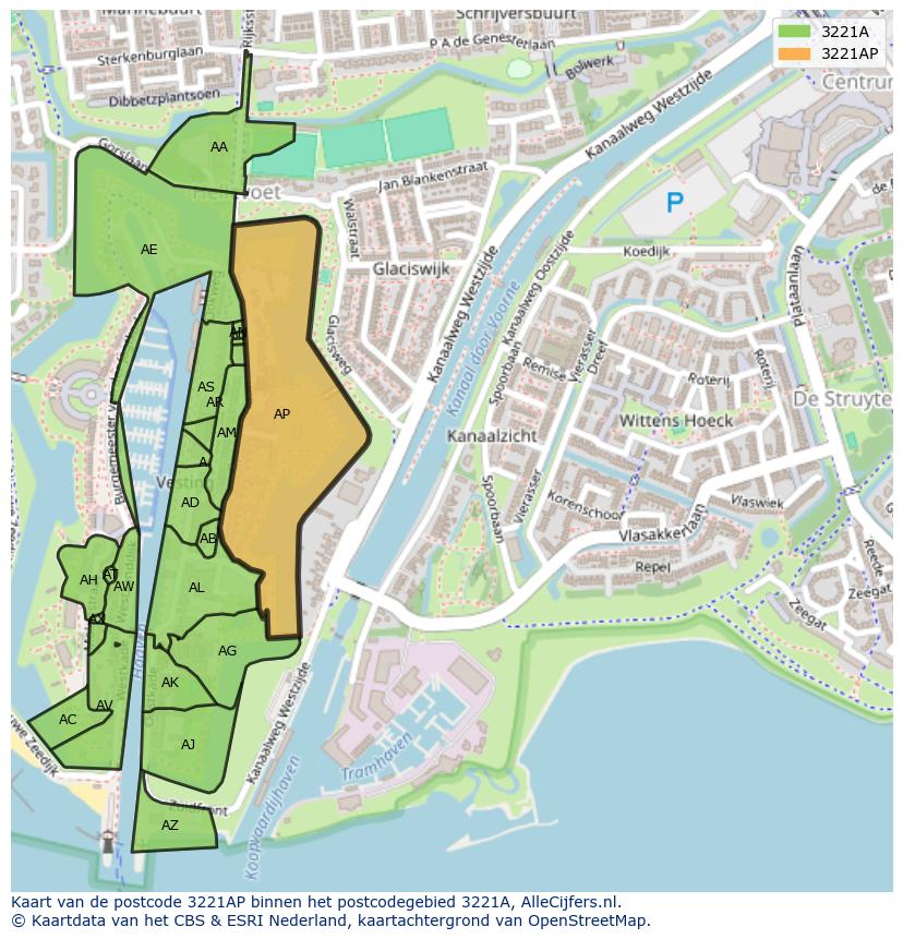 Afbeelding van het postcodegebied 3221 AP op de kaart.