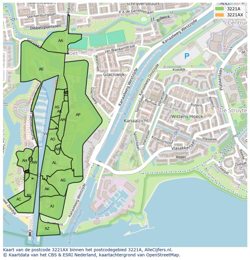 Afbeelding van het postcodegebied 3221 AX op de kaart.