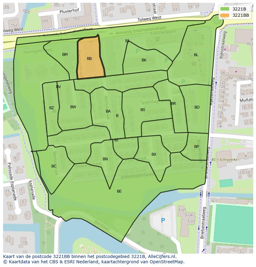 Afbeelding van het postcodegebied 3221 BB op de kaart.