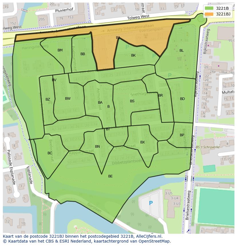 Afbeelding van het postcodegebied 3221 BJ op de kaart.