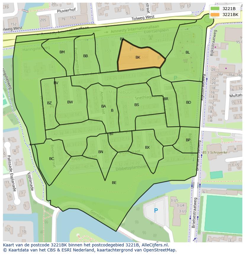 Afbeelding van het postcodegebied 3221 BK op de kaart.