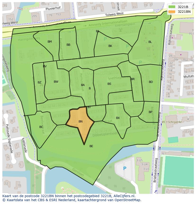 Afbeelding van het postcodegebied 3221 BN op de kaart.