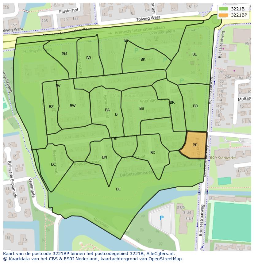 Afbeelding van het postcodegebied 3221 BP op de kaart.