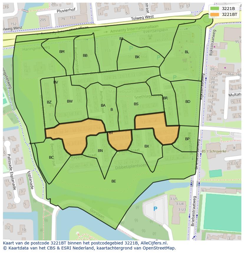 Afbeelding van het postcodegebied 3221 BT op de kaart.