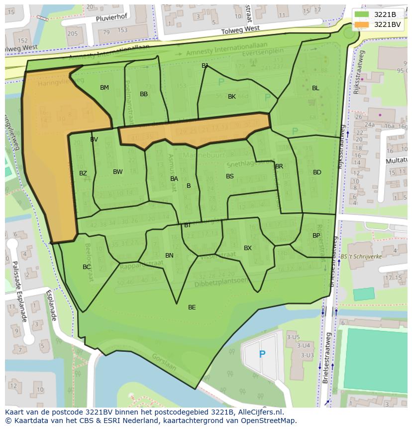 Afbeelding van het postcodegebied 3221 BV op de kaart.