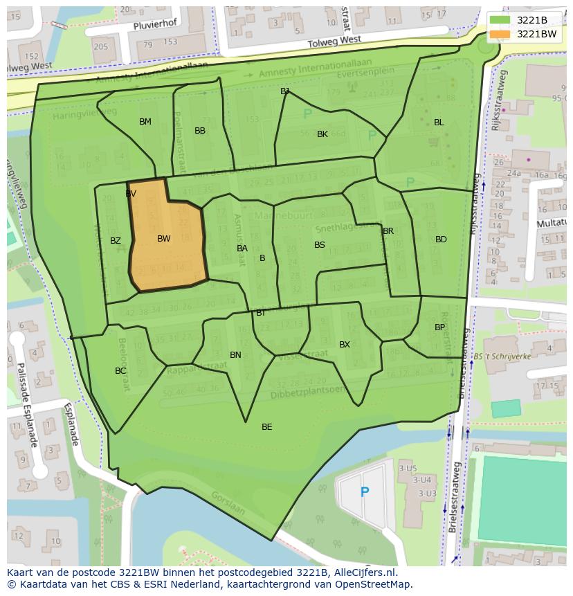Afbeelding van het postcodegebied 3221 BW op de kaart.