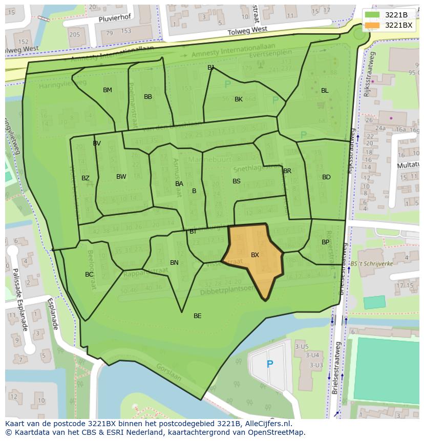 Afbeelding van het postcodegebied 3221 BX op de kaart.