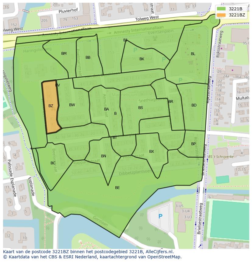 Afbeelding van het postcodegebied 3221 BZ op de kaart.