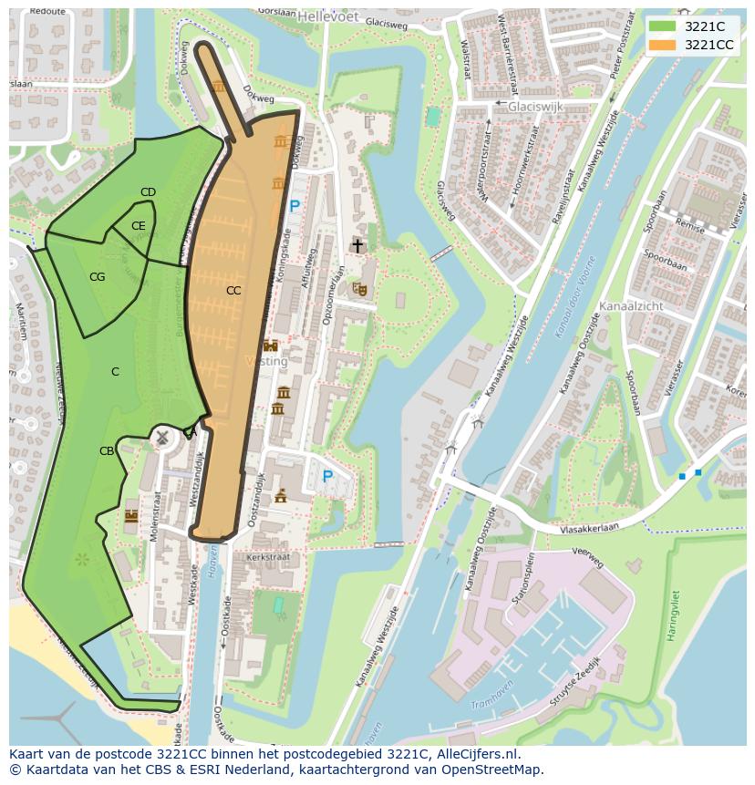 Afbeelding van het postcodegebied 3221 CC op de kaart.