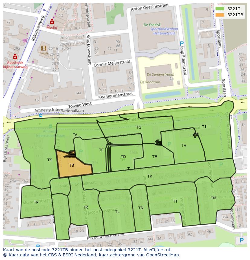 Afbeelding van het postcodegebied 3221 TB op de kaart.
