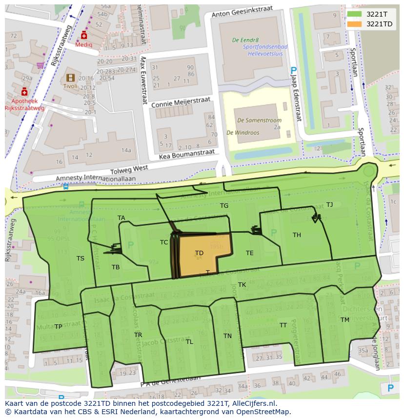Afbeelding van het postcodegebied 3221 TD op de kaart.